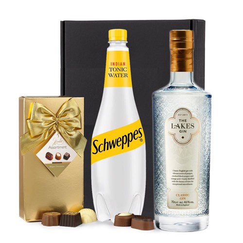 The Lakes Gin 70cl with Schweppes Tonic & Chocolates Gift Box | Spirit Mixer Set